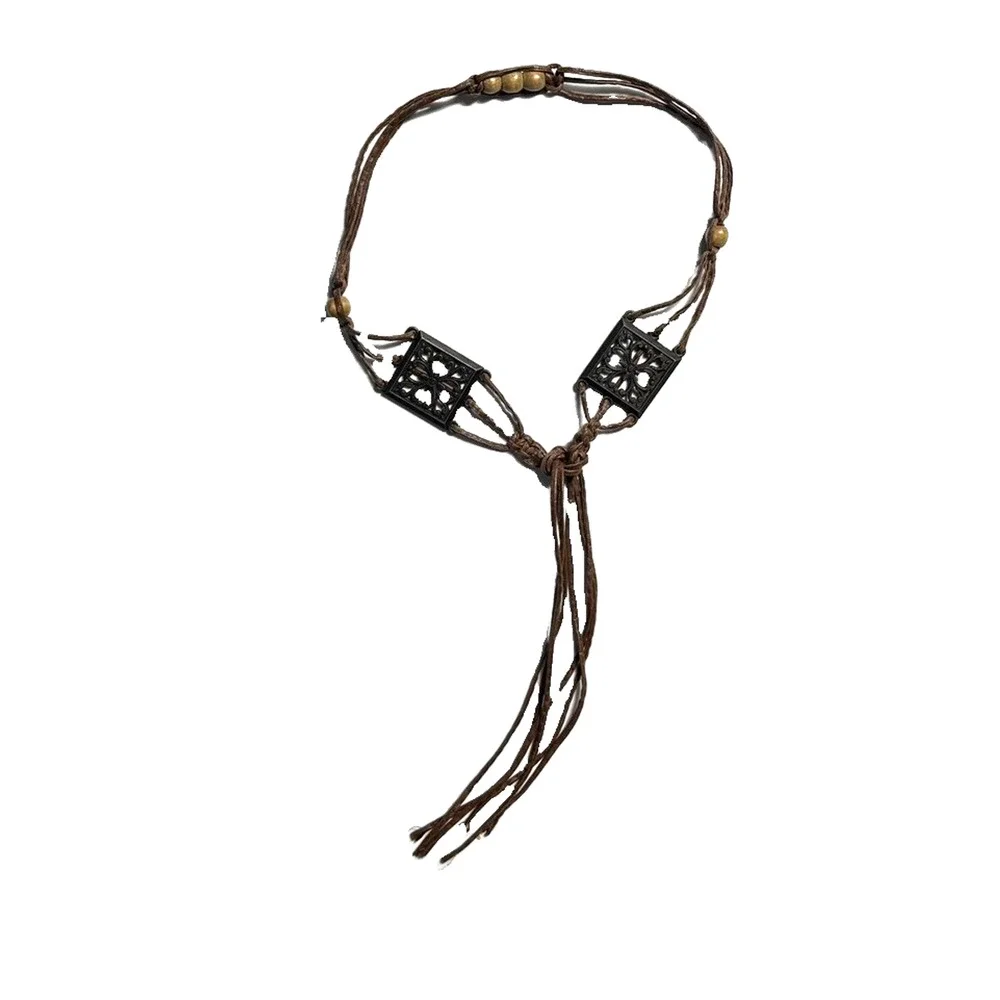 Vintage Womens Tie Waist Belt Wooden Beads Brass Filigree Boho Faux Leather 48